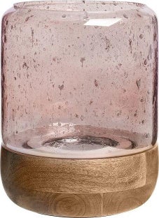 Świecznik różowy z drewniana podstawą 20x24 cm – obraz-1