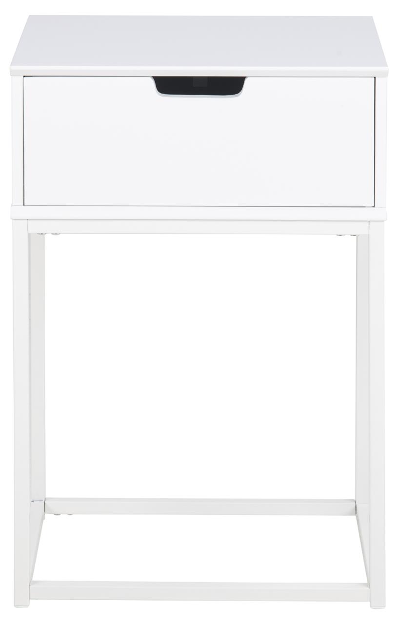 Biała szafka nocna drewniana z metalowym stelażem o nowoczesnym stylu – grafika-1.