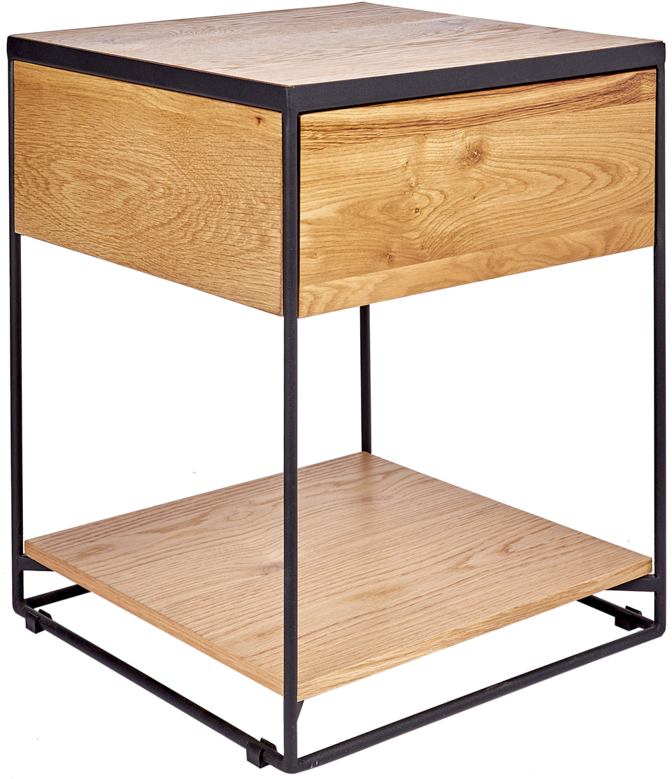 Szafka nocna z szufladą dębowa podstawą czarną metalową z eleganckim designem – grafika-1.