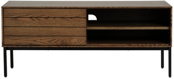 Szafka RTV 1-drzwiowa z półkami przydymiona fornir dębowy i metal czarny 120x51 cm – grafika-1.