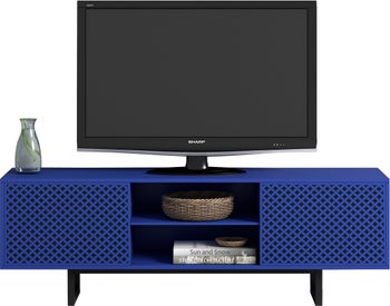 Szafka RTV 2-drzwiowa niebieska nogi czarne 150x50 cm – obraz-1