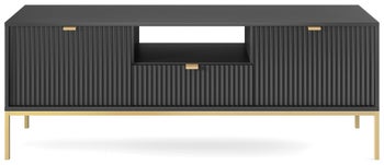 Szafka RTV 2-drzwiowa z szufladą i półką czarna nogi złote 154x56 cm – obraz-1