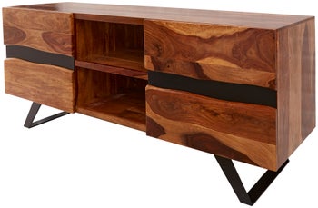 Szafka RTV z drewna sheesham ciemnobrązowa z metalowymi nogami do salonu – grafika-1.