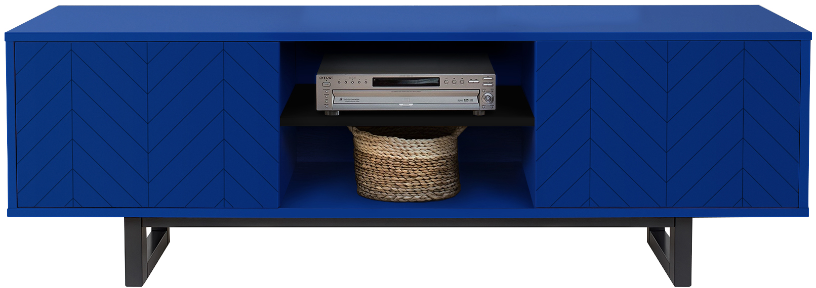 Szafka RTV drewniana niebieska fronty jodełka nogi czarne 150x50 cm  – obraz-1