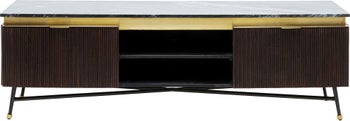 Szafka RTV drewniana z marmurowym blatem brązowa nogi czarne metalowe 170x50 cm – obraz-1