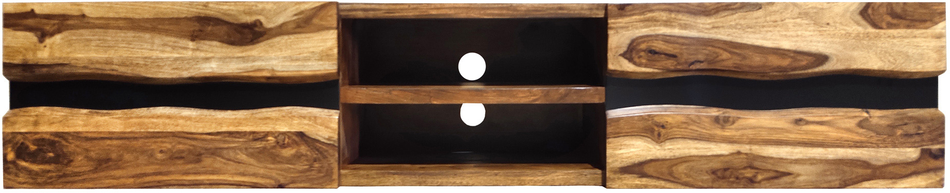 Szafka RTV drewniana z metalowym czarnym wykończeniem i naturalnym korpusem – grafika-1.