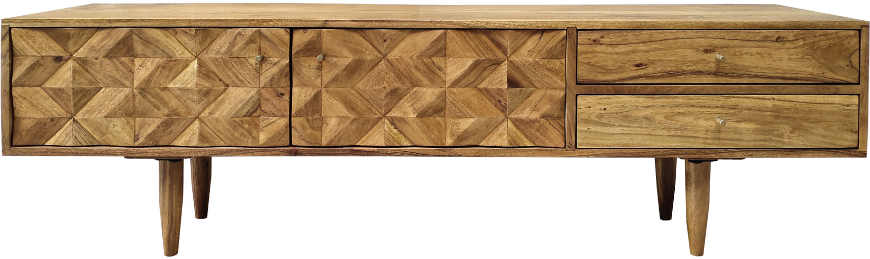 Drewniana szafka RTV z dwoma szufladami i półkami w naturalnym miodowym kolorze – grafika-1.