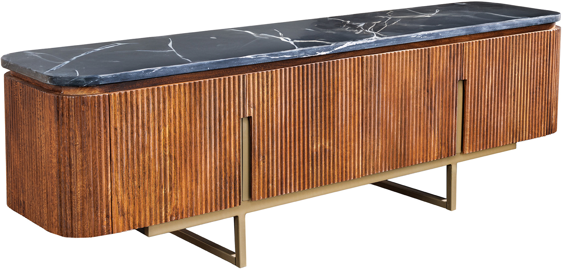 Szafka RTV drewniana ze złotymi nogami i marmurowym czarnym blatem 160x50 cm – grafika-1.