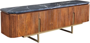 Szafka RTV drewniana ze złotymi nogami i marmurowym czarnym blatem 160x50 cm – grafika-1.