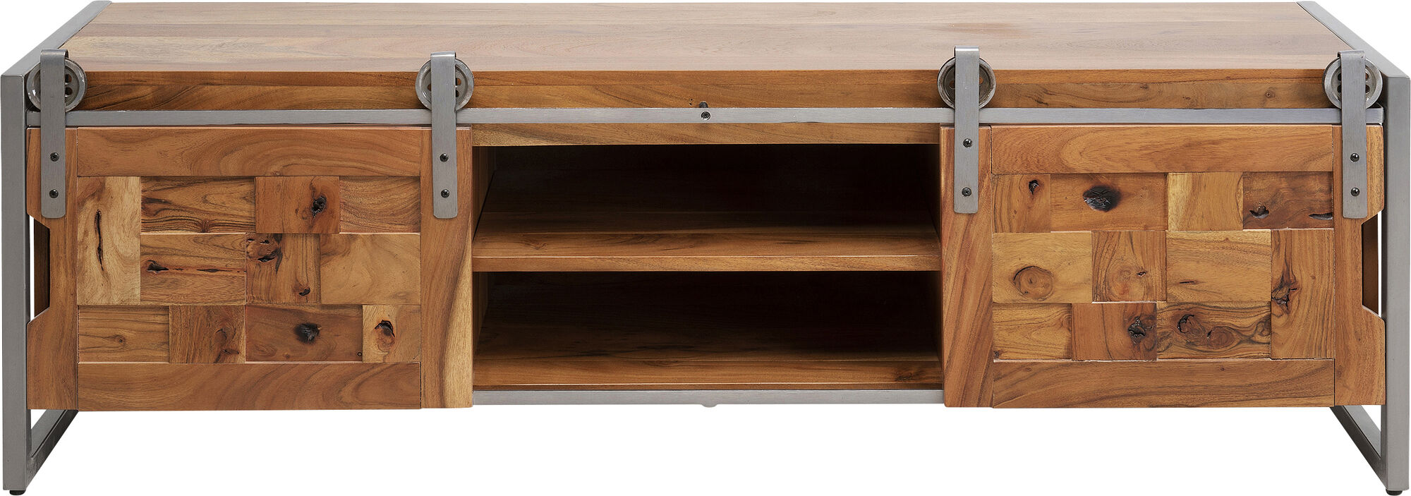 Szafka RTV drzwi przesuwne drewno akacjowe nogi stalowe 145x45 cm – grafika-1.