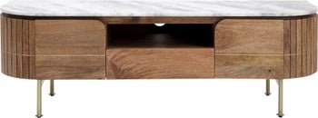 Szafka RTV drewniana z marmurowym blatem nogi złote 145x48 cm  – obraz-1