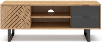 Szafka RTV kolor drewniany 1 drzwiczki 2 czarne szuflady 140 cm – obraz-1