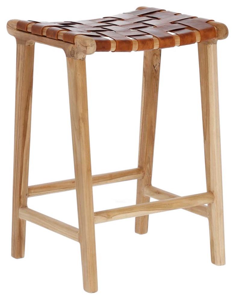 Taboret drewniany siedzisko skórzane 67 cm – obraz-1