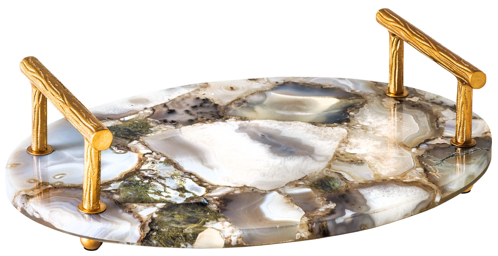 Taca dekoracyjna podstawa agat z uchwytami metalowymi w złotej kolorystyce – grafika-1.
