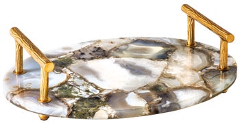 Taca dekoracyjna podstawa agat - uchwyty metalowe złote 38x26 cm – grafika-1.