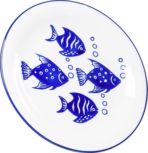 Talerz płaski wzór rybki Ø22 cm biało-niebieski – obraz-1