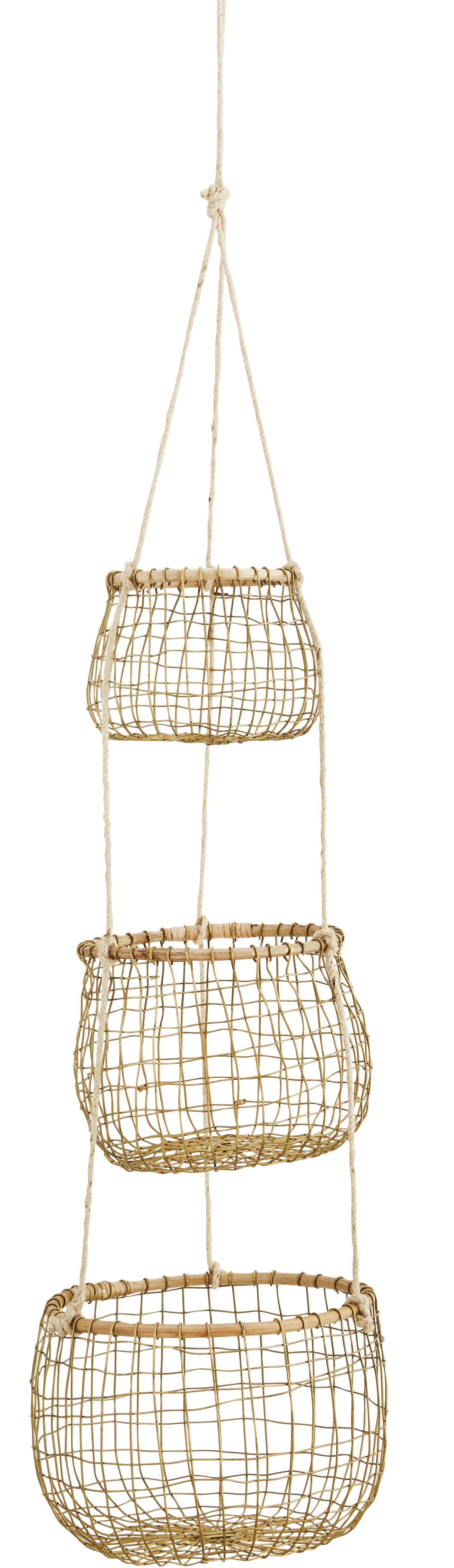 Wiszące 3 kosze druciane z wykończeniem trzcinowym złote Ø14 Ø20 Ø24 cm – obraz-1