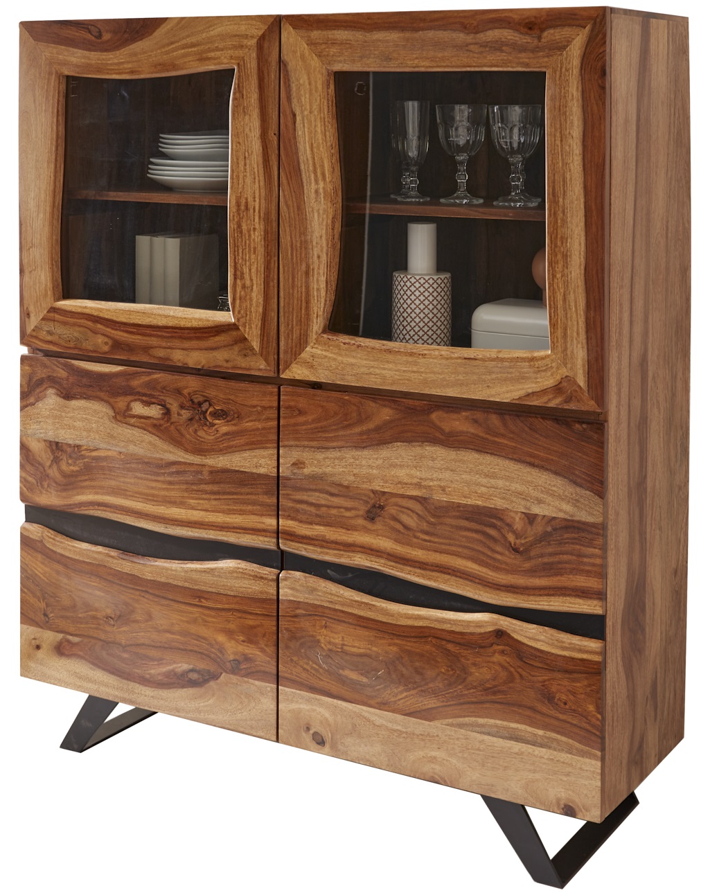 Witryna ciemnobrązowa z drewna sheesham z metalowymi nogami w stylu nowoczesnym – grafika-1.