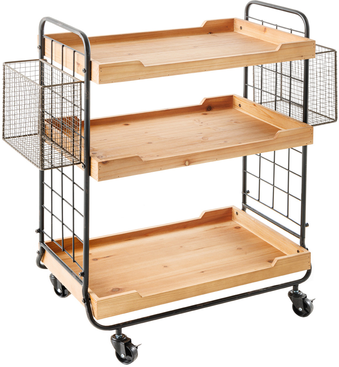 Wózek barowy z kółkami drewniany z czarnym metalowym stelażem 80x82 cm – grafika-1.