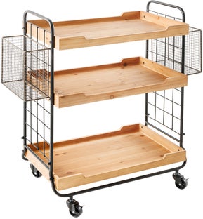 Wózek barowy z kółkami z naturalnego drewna i czarnym stelażem – grafika-1.