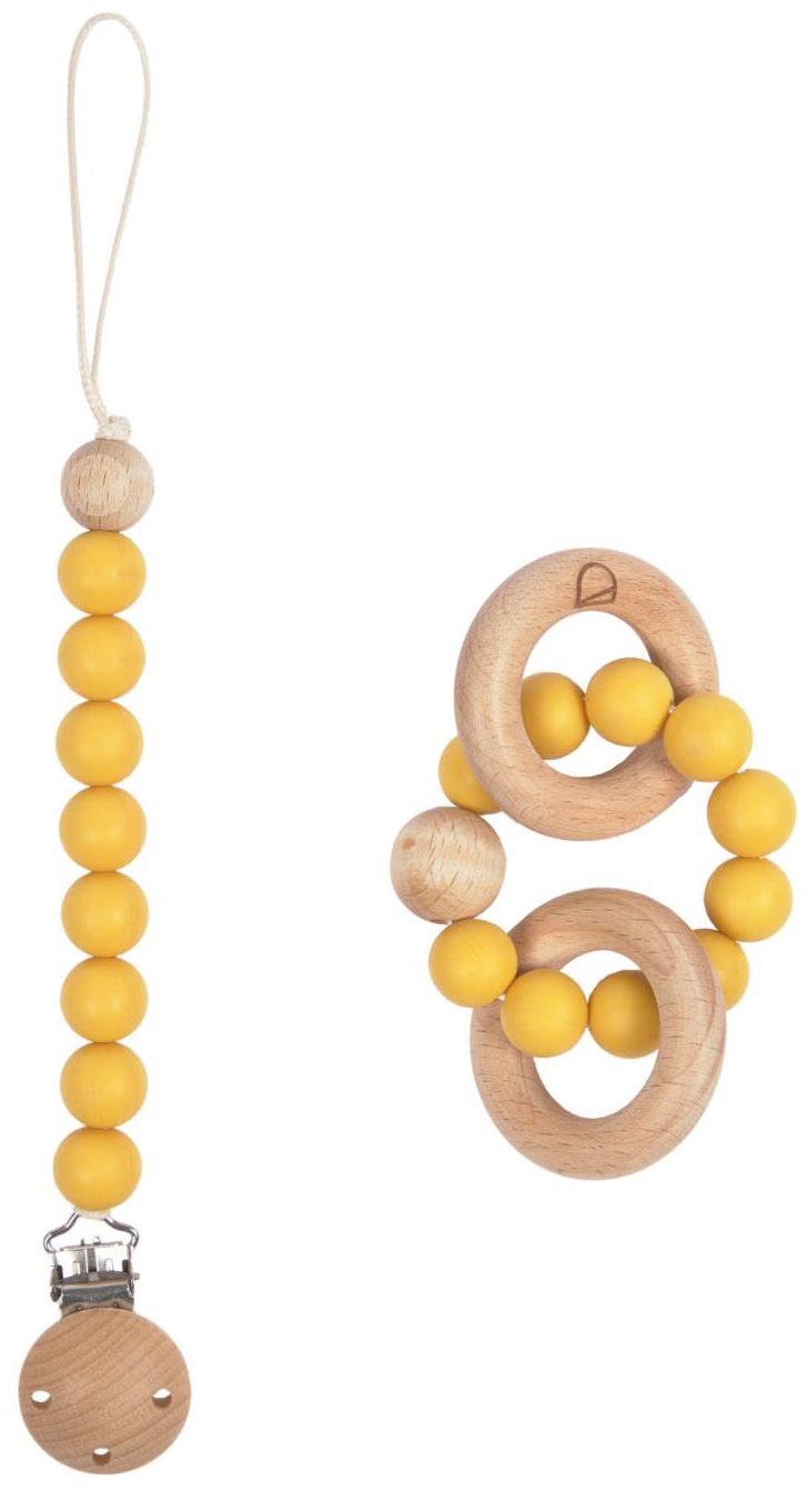 Zestaw dla dziecka smoczek i gryzak silikon i drewno żółty – obraz-1