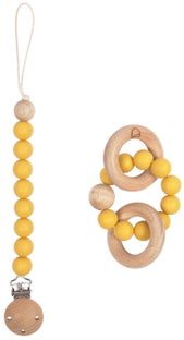 Zestaw dla dziecka smoczek i gryzak silikon i drewno żółty – obraz-1