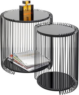 Zestaw 2 stolików pomocniczych czarnych blaty i półki szklane rama stalowa – obraz-1