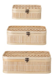 Zestaw 3 jasnych pudełek w różnych rozmiarach z rattanu – obraz-1