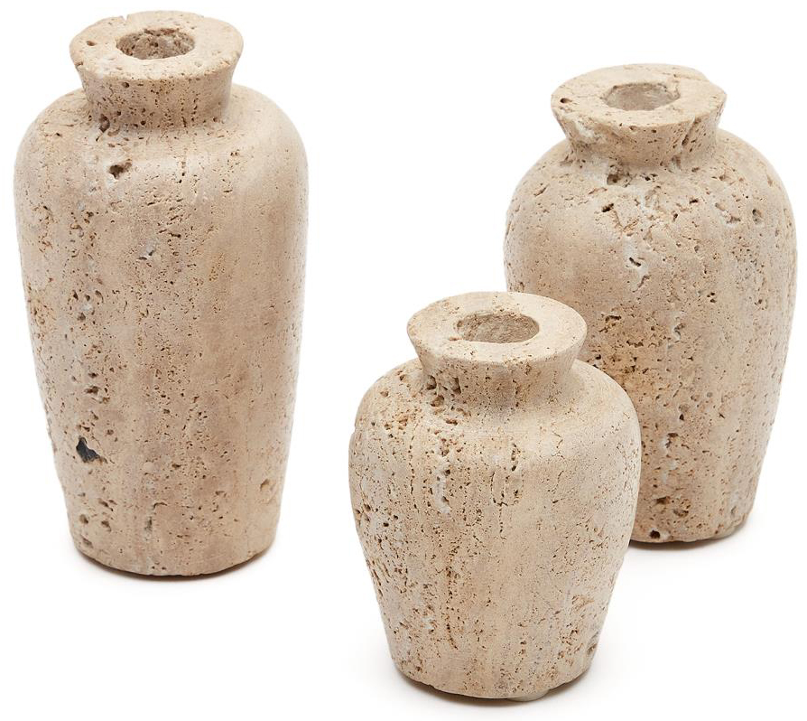 Zestaw 3 wazonów dekoracyjnych z beżowego trawertynu – obraz-1