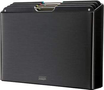 Zestaw 4 desek do krojenia czarnych 24x34 cm stojak czarny stal – obraz-1