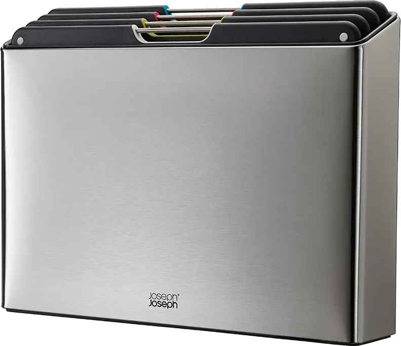 Zestaw 4 desek do krojenia czarnych 24x34 cm stojak stal nierdzewna – obraz-1