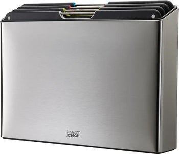 Zestaw 4 desek do krojenia czarnych 24x34 cm stojak stal nierdzewna – obraz-1