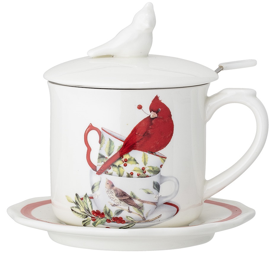 Zestaw do herbaty zdobiony w ptaki biały 300 ml – obraz-1