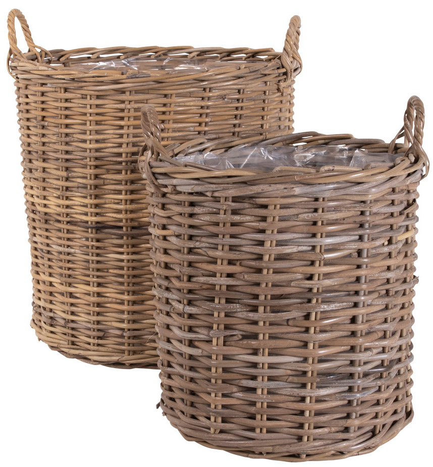 Zestaw dwóch koszy ogrodowych dekoracyjnych z rattanu naturalne – grafika-1.