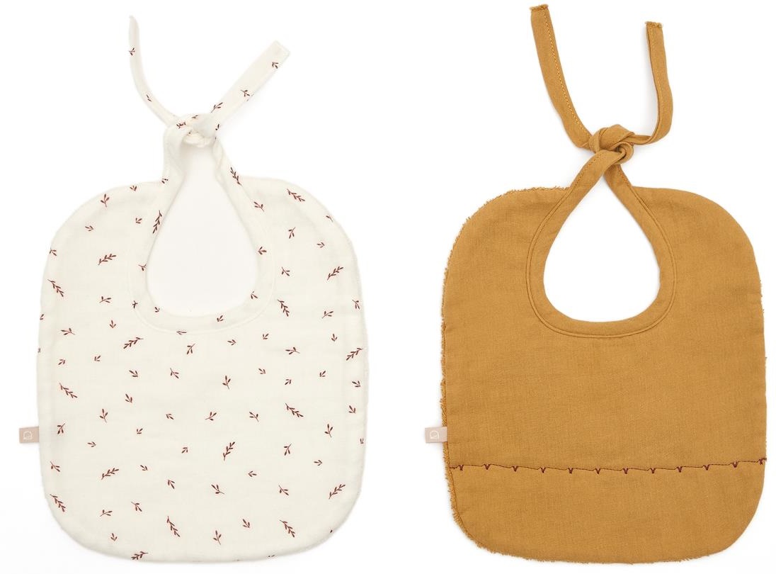 Zestaw dwóch śliniaków z bawełny w kolorze musztardowym i białym 22x31 cm – obraz-1