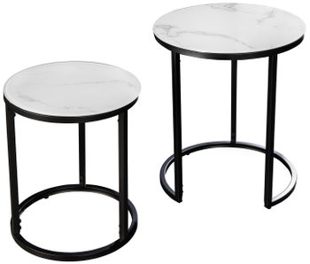 Zestaw okrągłych stolików pomocniczych do salonu z szklanym blatem marmurowym – grafika-1.