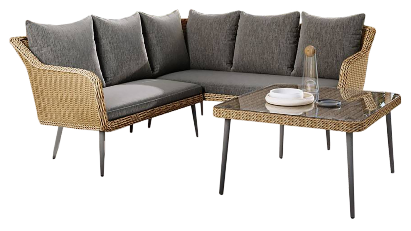 Narożnik ogrodowy ze stolikiem grafitowy biały siedzisko szare – obraz-1