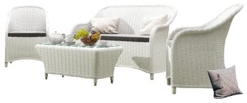 Zestaw mebli ogrodowych sofa z dwoma fotelami i stolikiem białe siedzisko szare – obraz-1