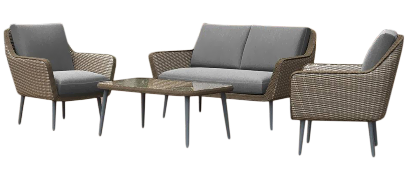 Zestaw mebli ogrodowych sofa z dwoma fotelami i stolikiem brązowy siedzisko szare  – obraz-1