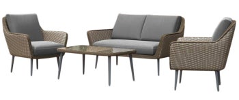 Zestaw mebli ogrodowych sofa z dwoma fotelami i stolikiem brązowy siedzisko szare – obraz-1