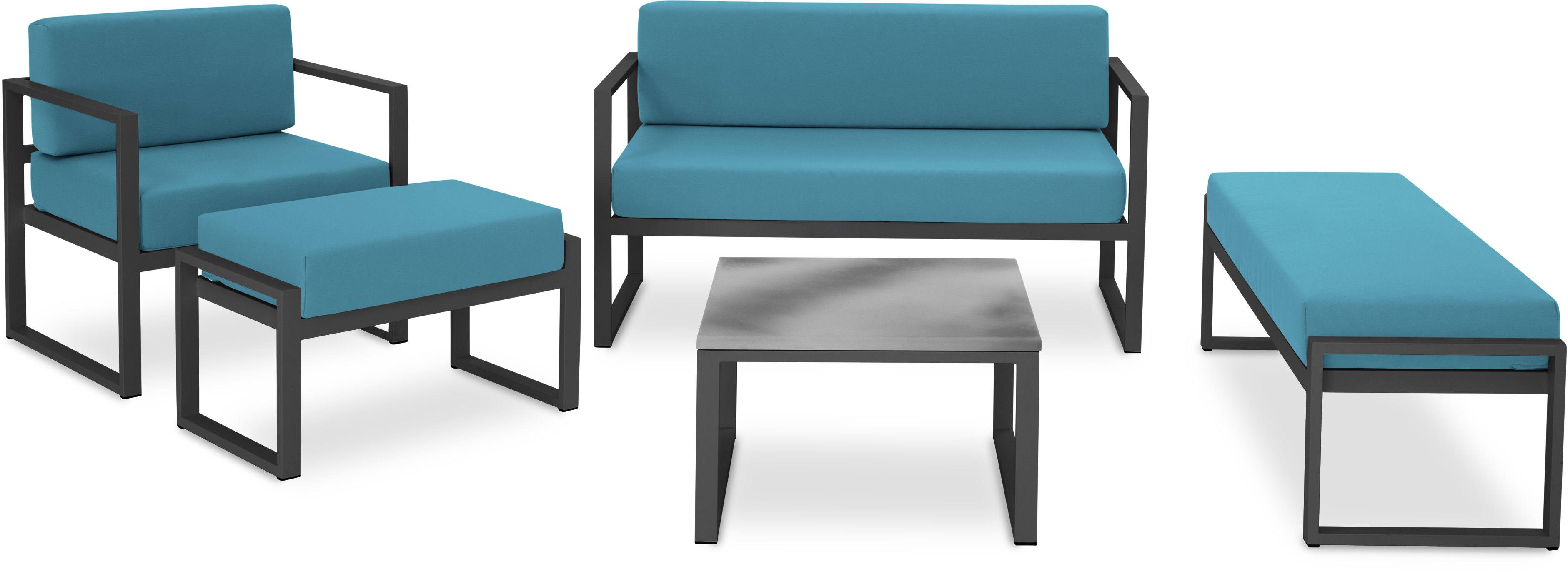Zestaw ogrodowy niebieski sofa, fotel, ławka, stolik i puf – obraz-1