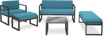 Zestaw ogrodowy niebieski sofa, fotel, ławka, stolik i puf – obraz-1