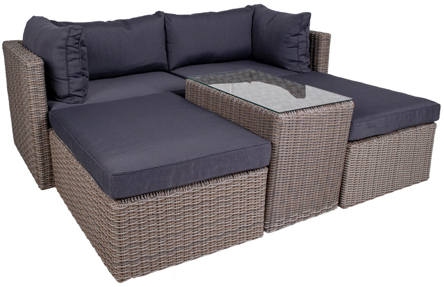 Zestaw mebli ogrodowych sofa stolik 2 pufy szary poduszki ciemnoszare – grafika-1.