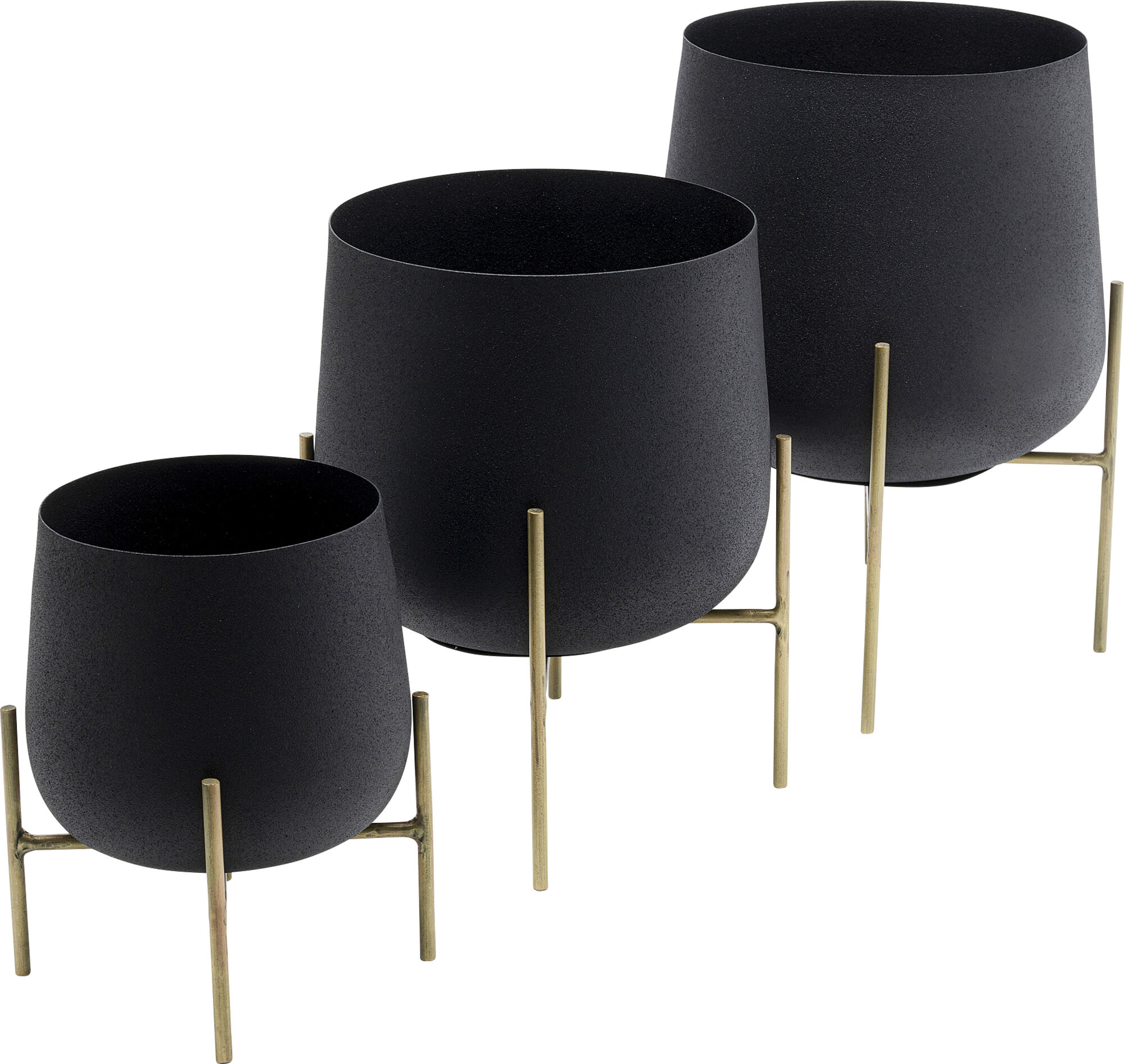 Zestaw trzech doniczek czarnych na złotych podstawach – obraz-1