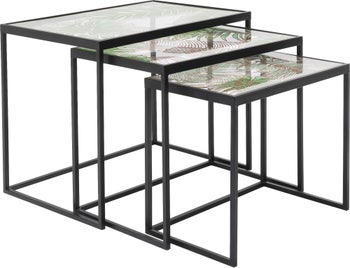 Zestaw trzech stolików kawowych Jungle czarne - blaty szklane kolorowe – grafika-1.