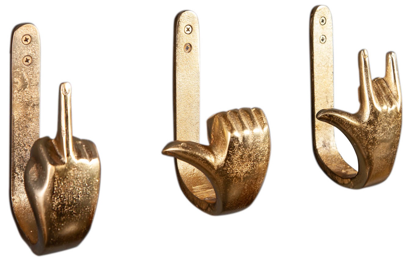 Zestaw trzech wieszaków palce stop metalowo-aluminiowy w odcieniu złotym do stylowych wnętrz – grafika-1.